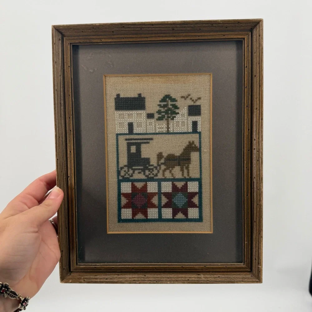 Vintage Framed Cross Stitch Sampler Primitive Folk Art Horse Carriage Quilt Star